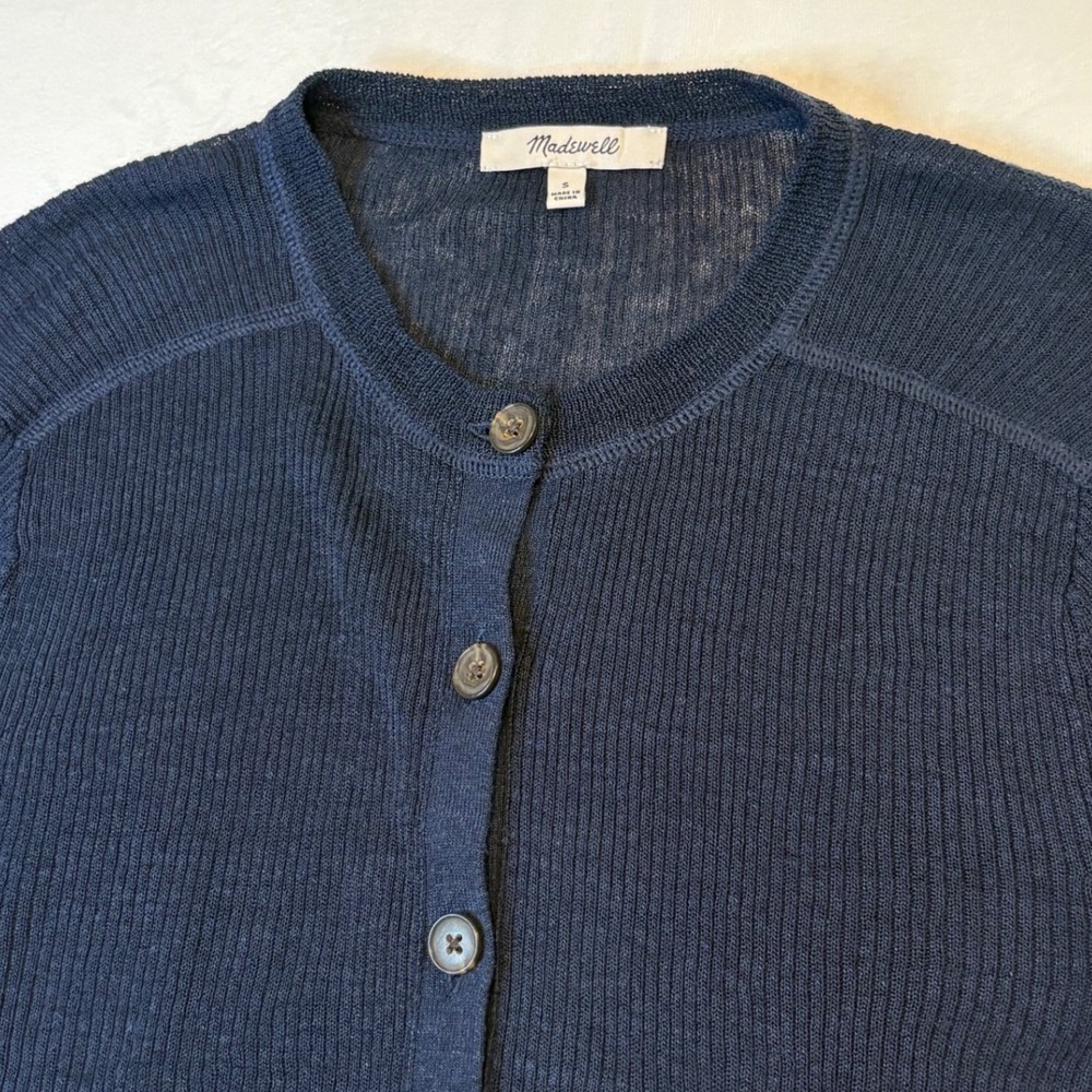 Madewell Cardigan Women S Navy Blue Linen Blend Ribbed Button Front Slim Fit - Picture 5 of 9